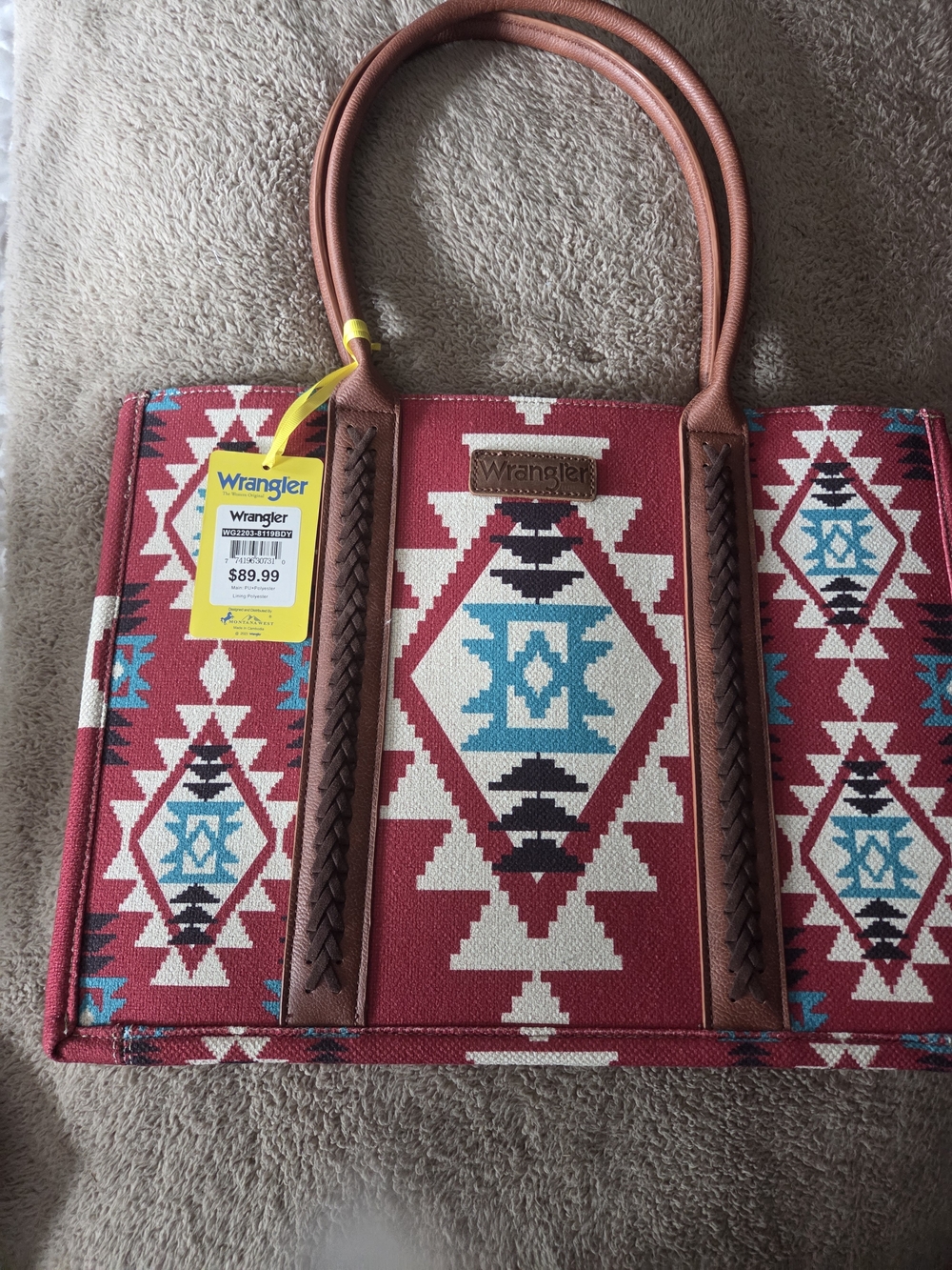 Wrangler Red Aztec Pattern Tote with Brown Trim and Turquoise Accents